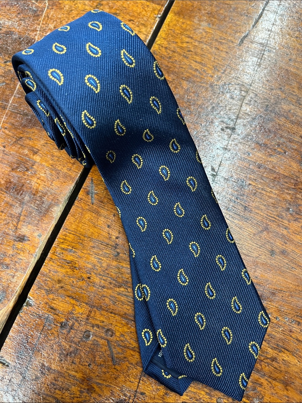 J. Crew Navy Silk Tie with Gold Paisley Motif. University of Michigan